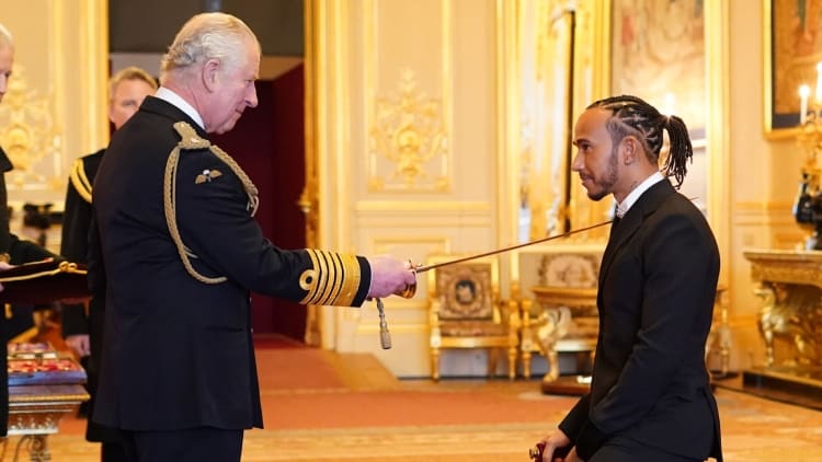 F1 Driver for Mercedes Lewis Hamilton knighted by Prince Charles