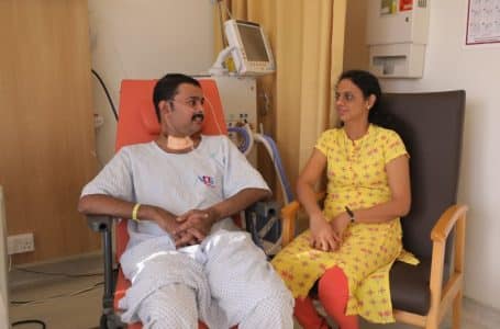 Arunkumar with his wife Jenny. He had made good progress following the months long treatment at Burjeel Hospital