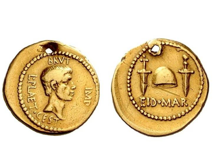 Ancient Roman gold coin commemorating the assassination of Julius Caesar to be auctioned